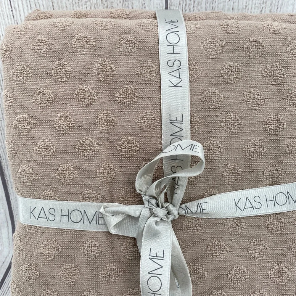 Kas Home Shower Curtain Brown Taupe Tufted Dot Fringed 100% Cotton Boho Natural